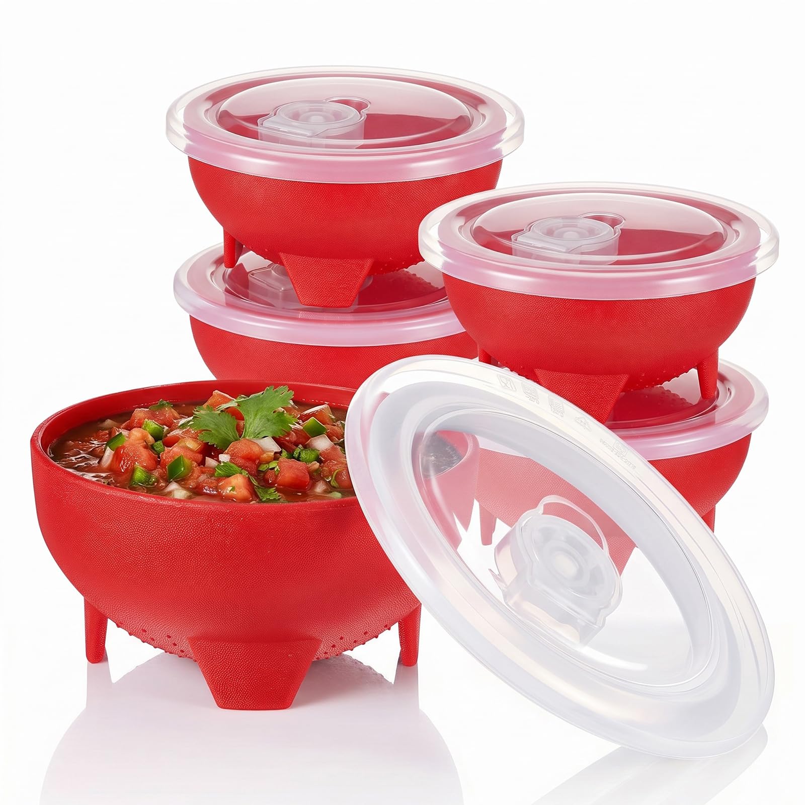 Hushee 5 Set Salsa Bowl with Lids, 4.3 Inch 12 oz Dip Bowls, Red