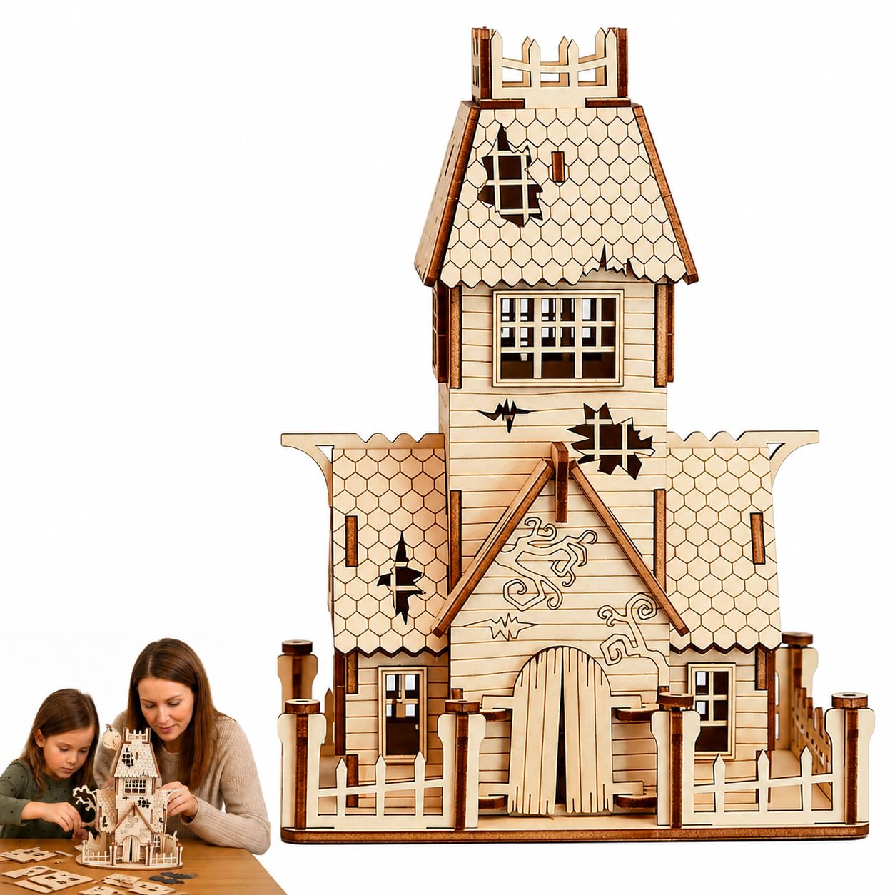 Halloween Witch House 3D Wooden Puzzle Kit,DIY Witch House Building Model,Handmade Set of Wooden Building Construction,Glue Free Assembly,Creative WoodenOrnament Halloween Toy Gift
