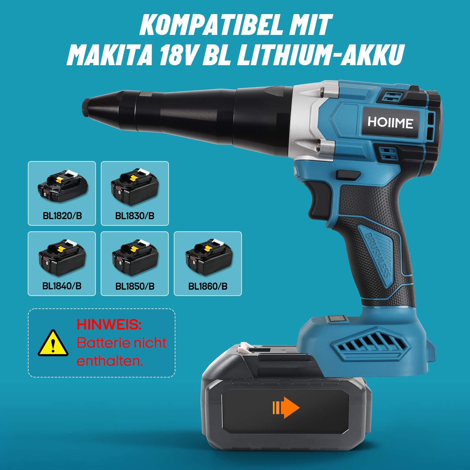 Maki-ta - Remachadora inalámbrica para batería de 18 V, pistola de tuerca remache inalámbrica de 20.000 N, pistola de remache eléctrica automática sin escobillas, para remaches de 3, 4, 5 mm, con 150