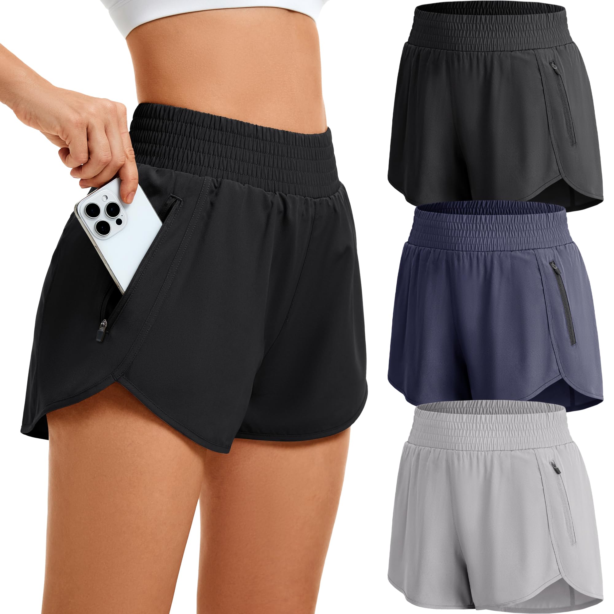 Lot de 3/5 shorts de sport pour femme - Short de sport court avec poche zippée - Pour l'été - Respirant - Séchage rapide - Pour la course, le fitness, le yoga