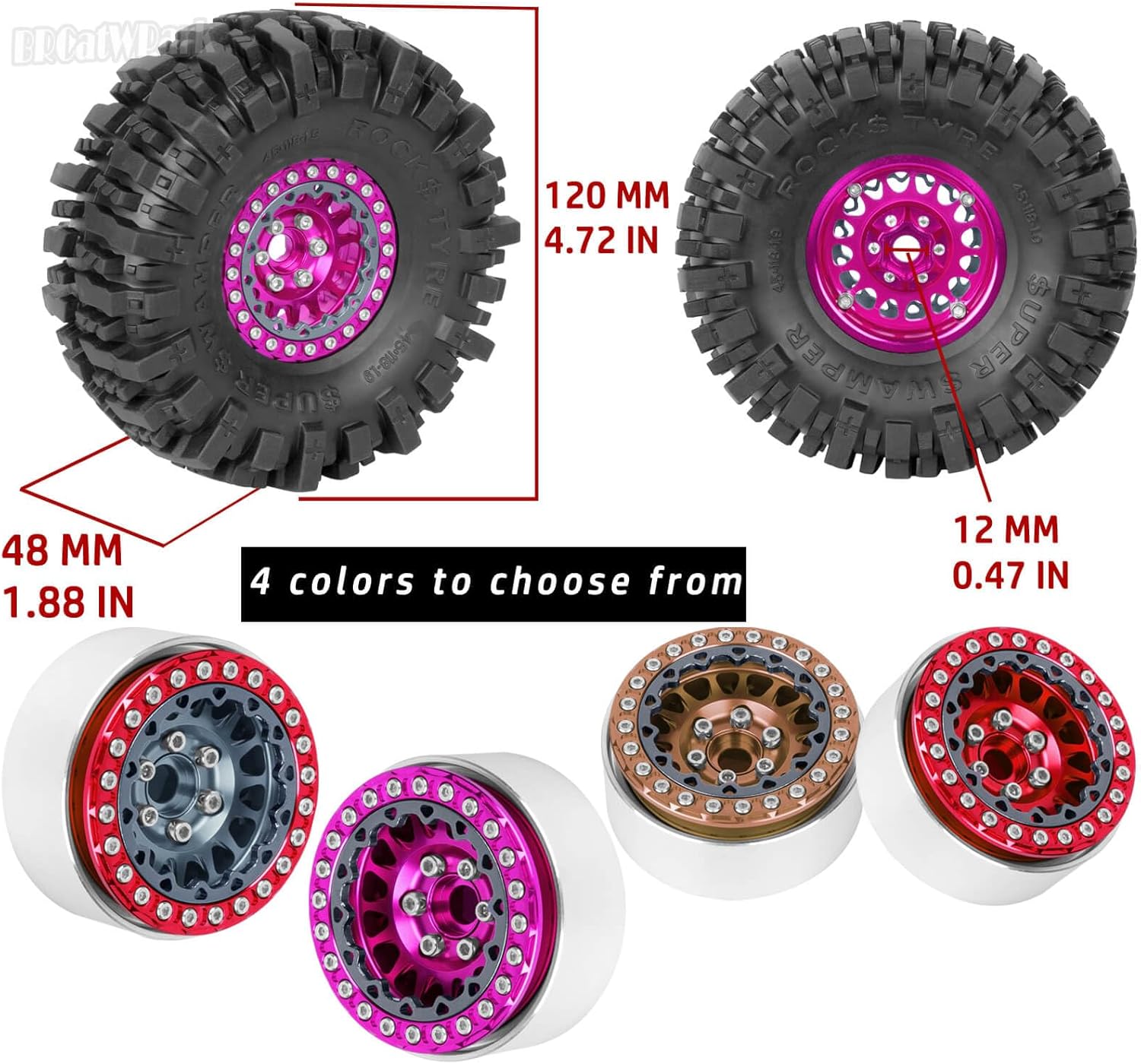 RC 1.9 Beadlock Wheels and Tires for 1/10 TRX4 TRX6 SCX10 SCX10 II 90046 SCX10 III AXI03007 SCX10 Pro Gen7/8 D90 VS4-10 MST CFX RC Crawler Car,4PCS Beadlock Rims 1.9 Wheel Tires,Titanium
