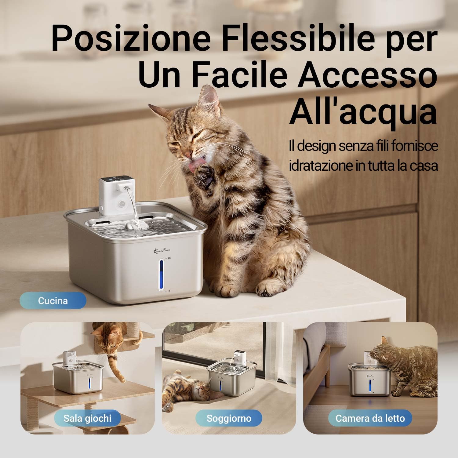 Downypaws Fontanella per Gatti e Cani in Acciaio Senza Fili, 3L Con Sensore di Movimento, Silenziosa Dispenser Acqua Multi-Filtrazione, Lavabile in Lavastoviglie, Nero