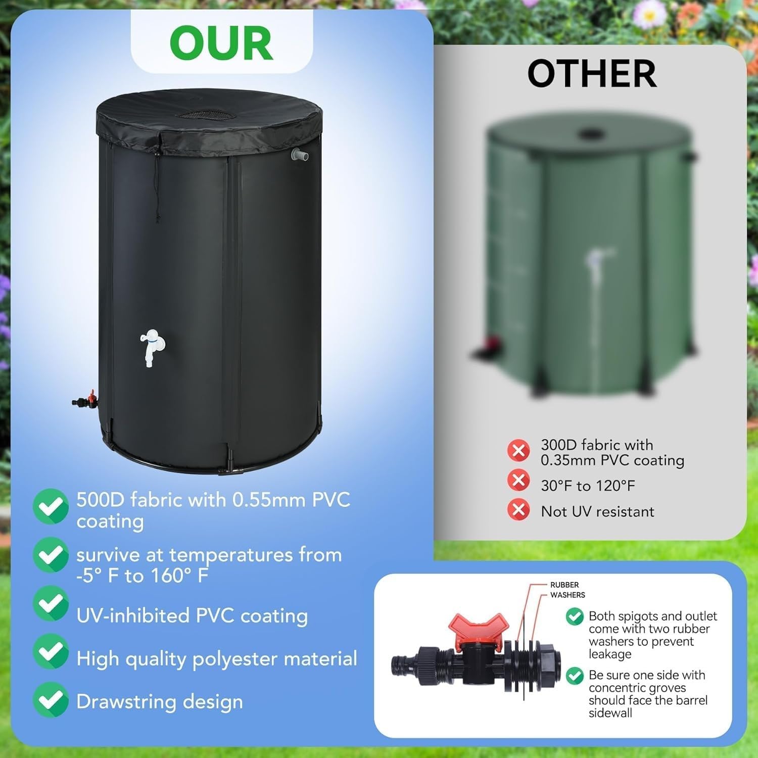 Black Collapsible Rain Barrel Durable 100 Gal Rain Catcher with Spigot and Overflow Kit