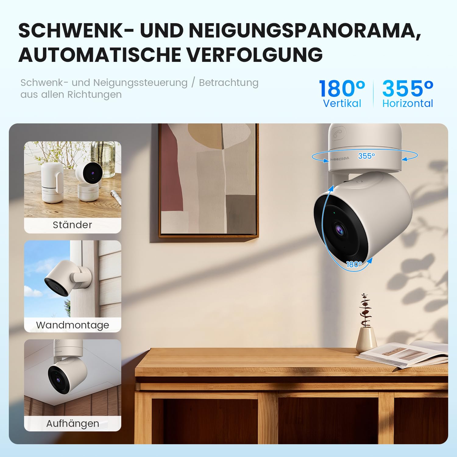 VEEZOOM 4MP WLAN Kamera Indoor, 360° PTZ Kamera Überwachung Innen, 2.4G WiFi Baby/Haustier Innenkamera, HD-Nachtsicht, KI Personenerkennung, One-Touch-Anruf, Automatische Verfolgung, 504D