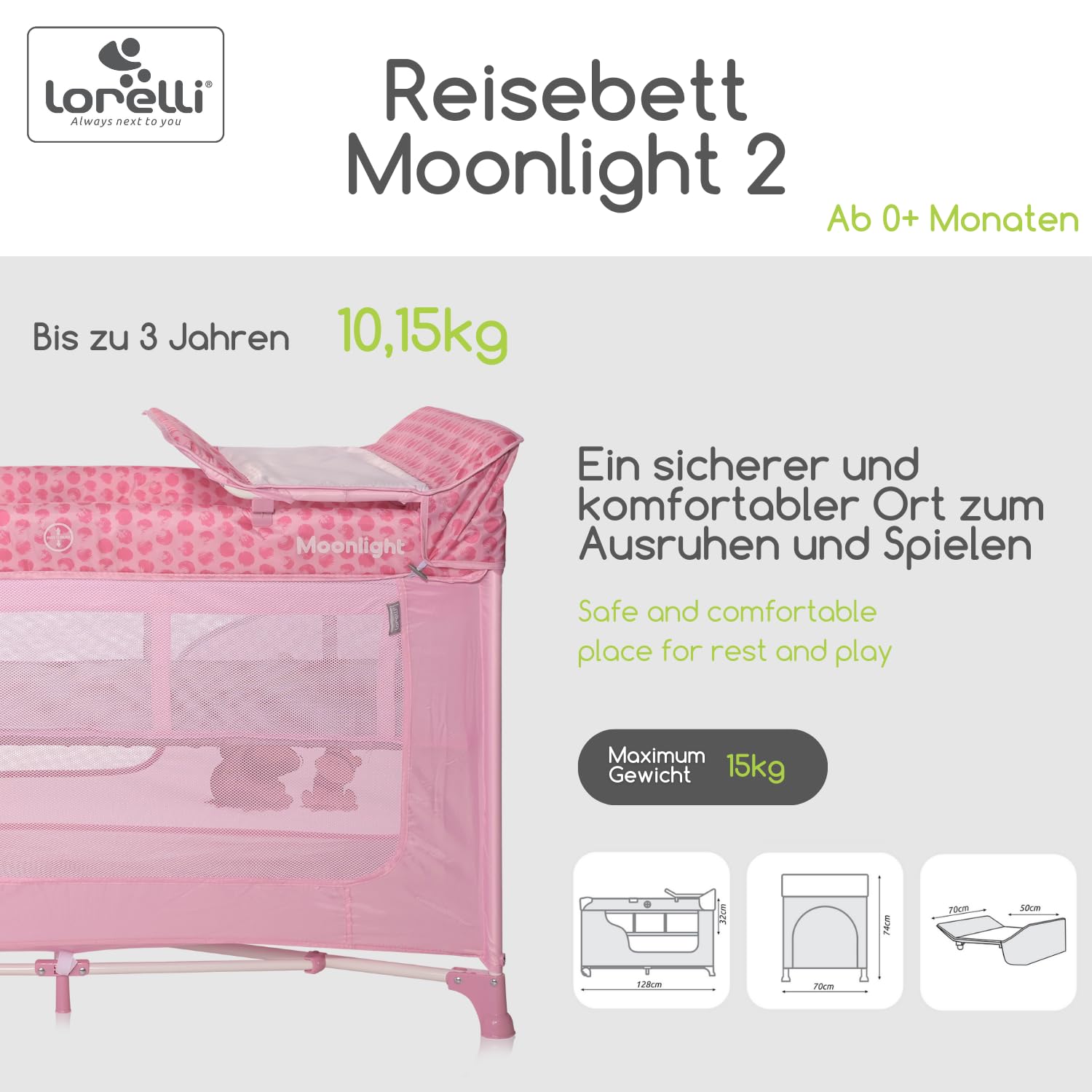 Lorelli Łóżko turystyczne Moonlight dwa poziomy, składane, mata do przewijania, materac, koła, kolory: różowy