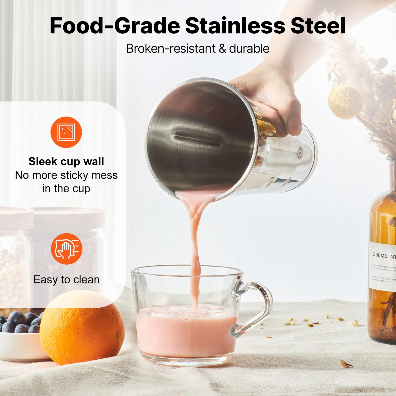 VEVOR Frullatore per Frappè Elettrica, 250W Frullino per Bevande Miscelatore Milkshake con Tazza in Acciaio Inox 304 Velocità Regolabile 15000 18000 21000 RPM Uso Commerciale e Domestico Rumore Basso