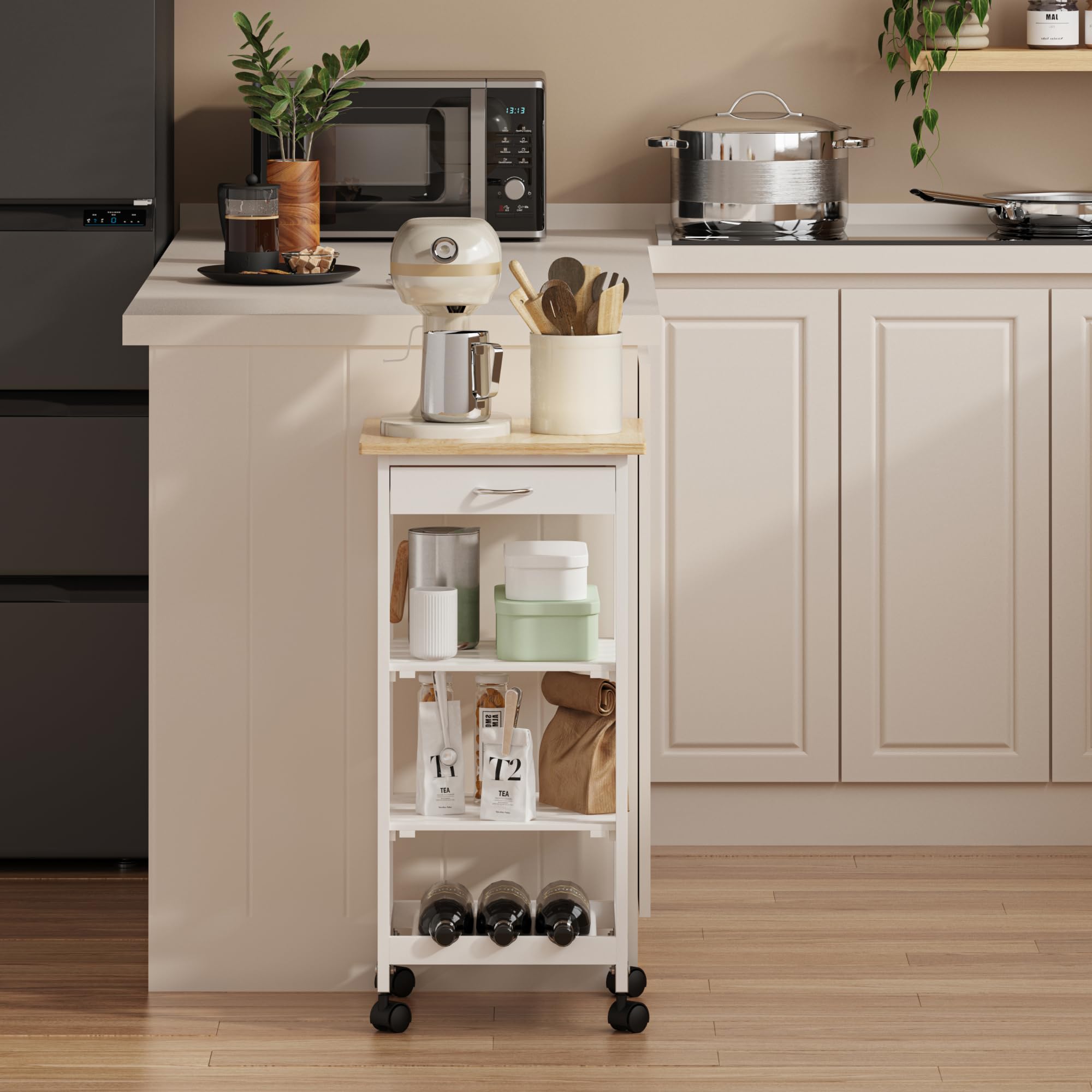 [en.casa] Carrello da Servizio Portaoggetti a Rotelle con 3 Ripiani e Cassetto Carrello Portatutto Multiuso Griglia Portabottiglie per Cucina Sala Bagno 76x37x37 cm - Bianco/Effetto Legno