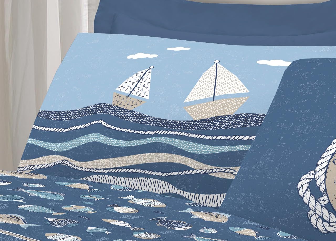 BIANCHERIAWEB Completo Lenzuola Letto Pensieri Delicati 100% Cotone Disegno Oceano Matrimoniale Blu