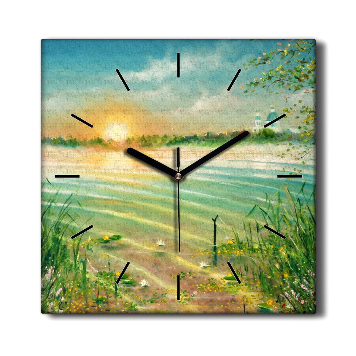 Horloge sur toile 30x30cm decoration murale salon peinture nature eau de riviere