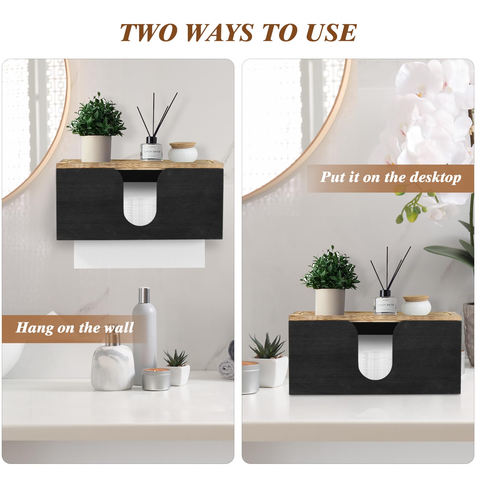 Paquete de 2 dispensadores de toallas de papel de madera maciza para montaje en pared, soporte plegable para toallas de papel con tapa, plegable en C, plegable en Z, dispensador de toallas de papel de