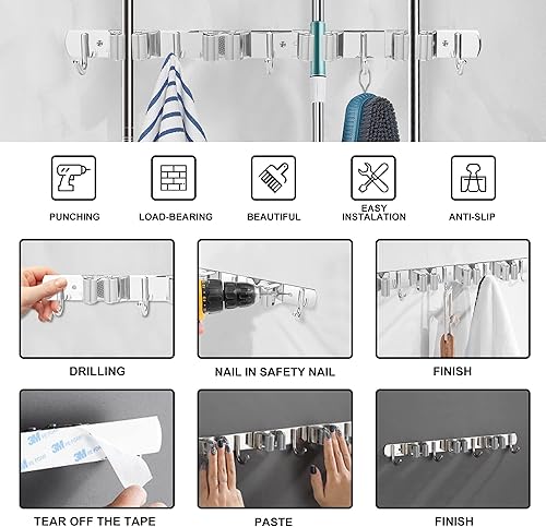 Miniatura 7 de NUHATOP Paquete de 2 soportes de pared para escobas 4 clips y 5 ganchos acero inoxidable organizador de trapeador y escoba antideslizante