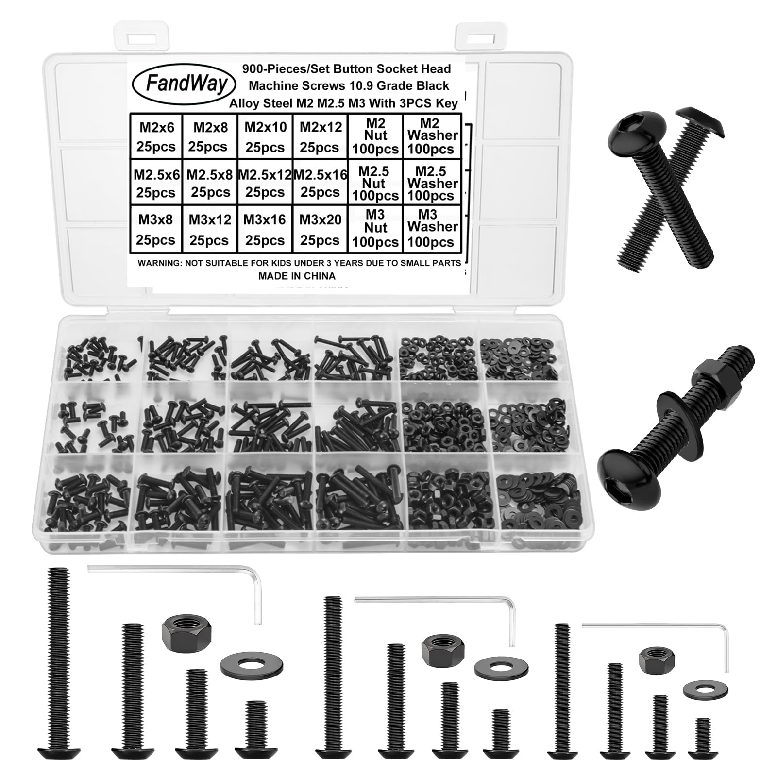 FandWay 900Pcs Bolts and Nuts Set,M2 M2.5 M3 Button Head Machine Screws,ISO 7380 Allen Screws,10.9 Grade Alloy Steel Black Hex Bolts and Washers Set Fully Threaded With 3 Allen Key