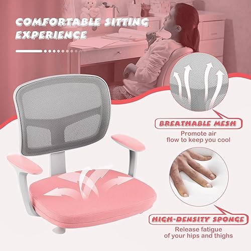 Miniatura 6 de Silla de escritorio para niños, silla de estudio para niños de altura ajustable con soporte lumbar, asiento de malla giratoria, ruedas universales,