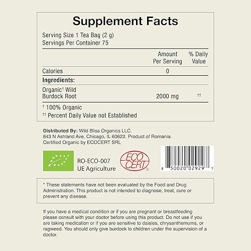 Miniatura 2 de Wild Bliss Té orgánico de raíz de bardana  Suplemento de hierbas sin cafeína  75 bolsas de té