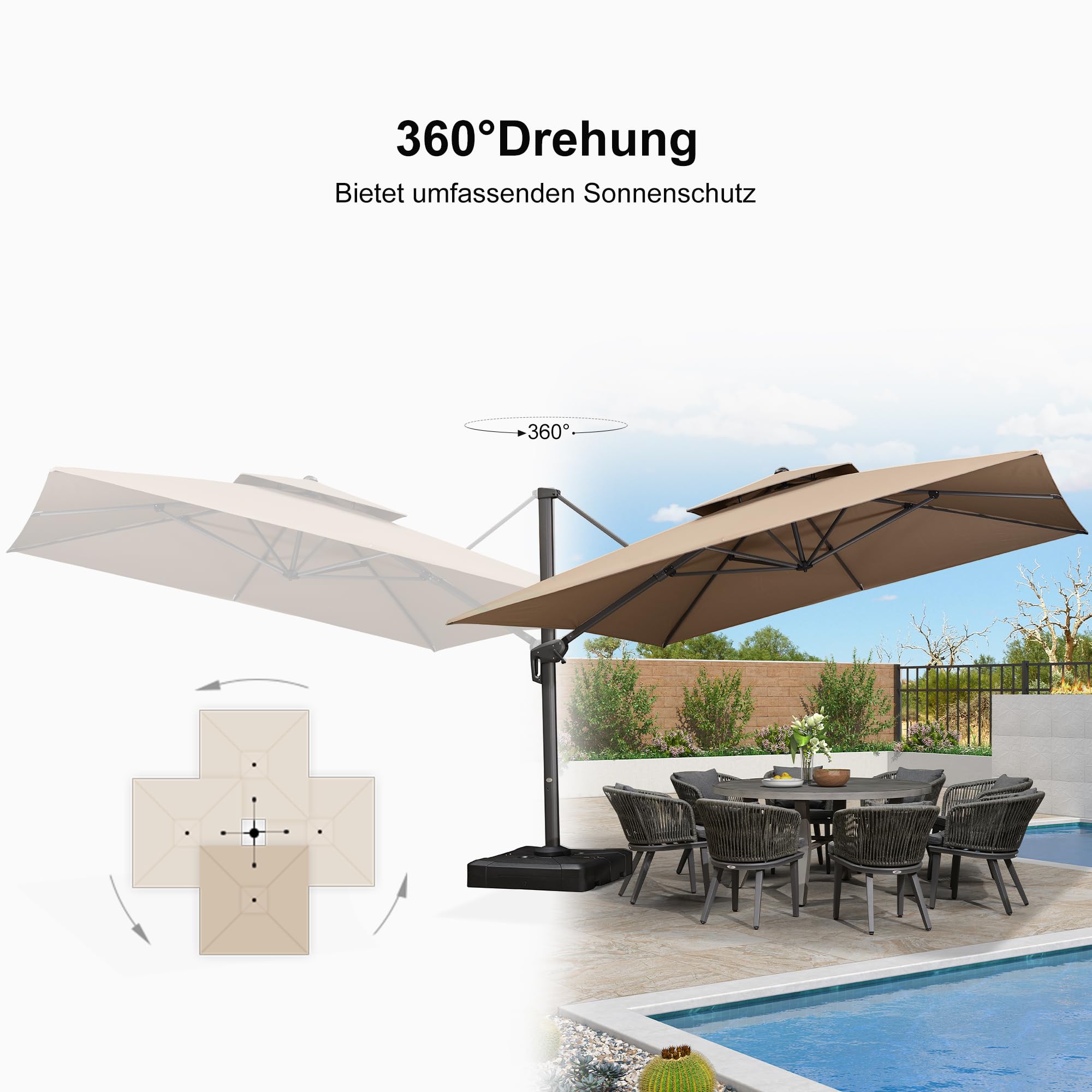 PURPLE LEAF Sonnenschirm 365 × 365 cm 6 Neigungsstufen mit Kurbel, Taupe | Leichtgängiger Aluminiumgriff, Ampelschirm 98 % UV-Schutz, 360° Drehbar, Doppeldach-Belüftung, Polyester Wasserabweisend