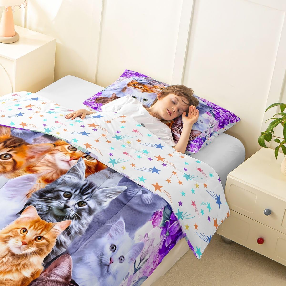 Cute Cat Bedding Full Size Comforter Set Pet Cats Kawaii Toddler Bedding Set for Kids Boys Girls Lovers Cat Purple Comforter Feline Animal Lovely Decor Warmth Quilt Set with 2 Pillowcases 3Pcs