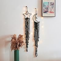 Vista 18 de Decoración de atrapasueños de luna y estrella, 2 piezas boho para el hogar, luna y estrella, macramé para colgar en la pared, decoración bohemia
