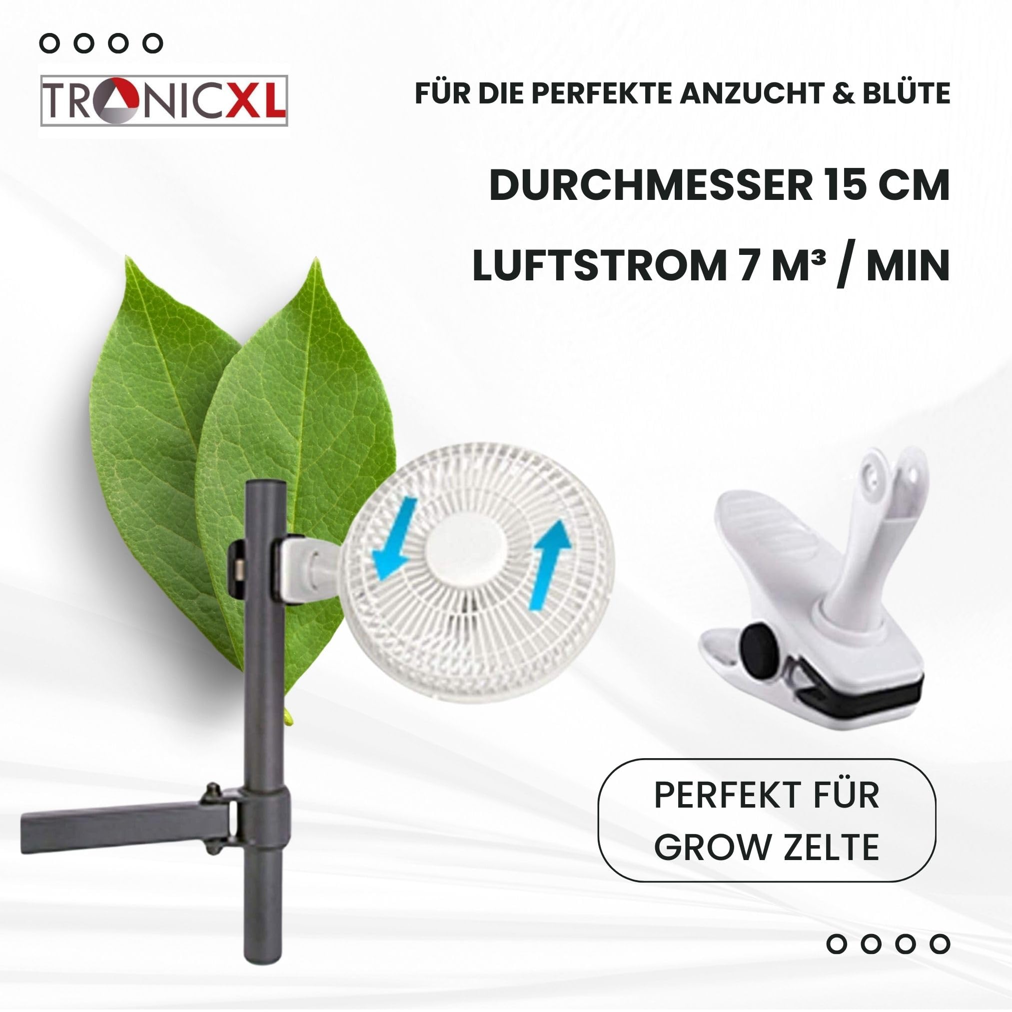 TronicXL 30W 230V Mini Grow Ventilator mit Clip Klemme und Standfuß I Mit Netzstecker I Clipventilator für Homebox Growbox Growschrank Secret Jardin GrowPro DiamondBox Zelsius Mars Hydro etc.