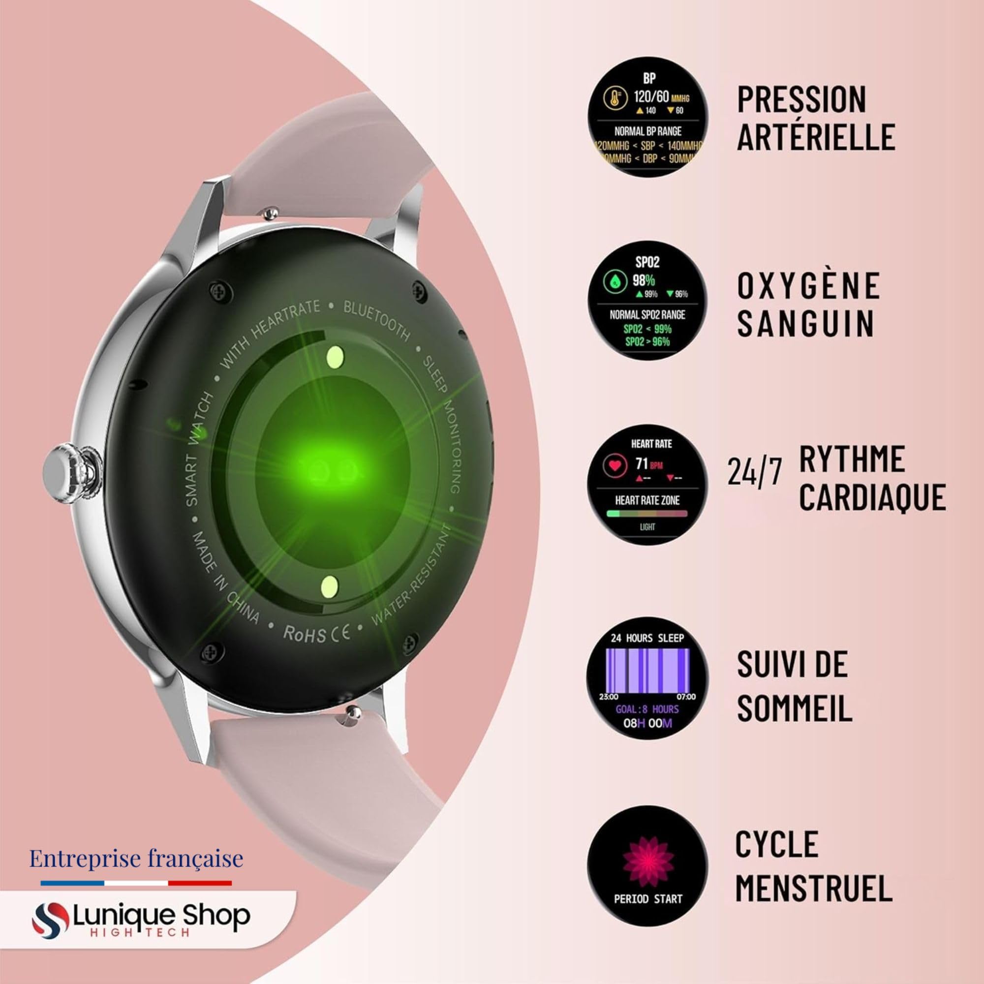 Montre Connectée Femme Repondre Appel 1.7'' Smartwatch Tensiometre Sommeil Fréquence Cardiaque SpO2 Podometre Assistant Vocal Suivi Poids 2 Bracelets Cadeau LSCALL iOS Android Strava