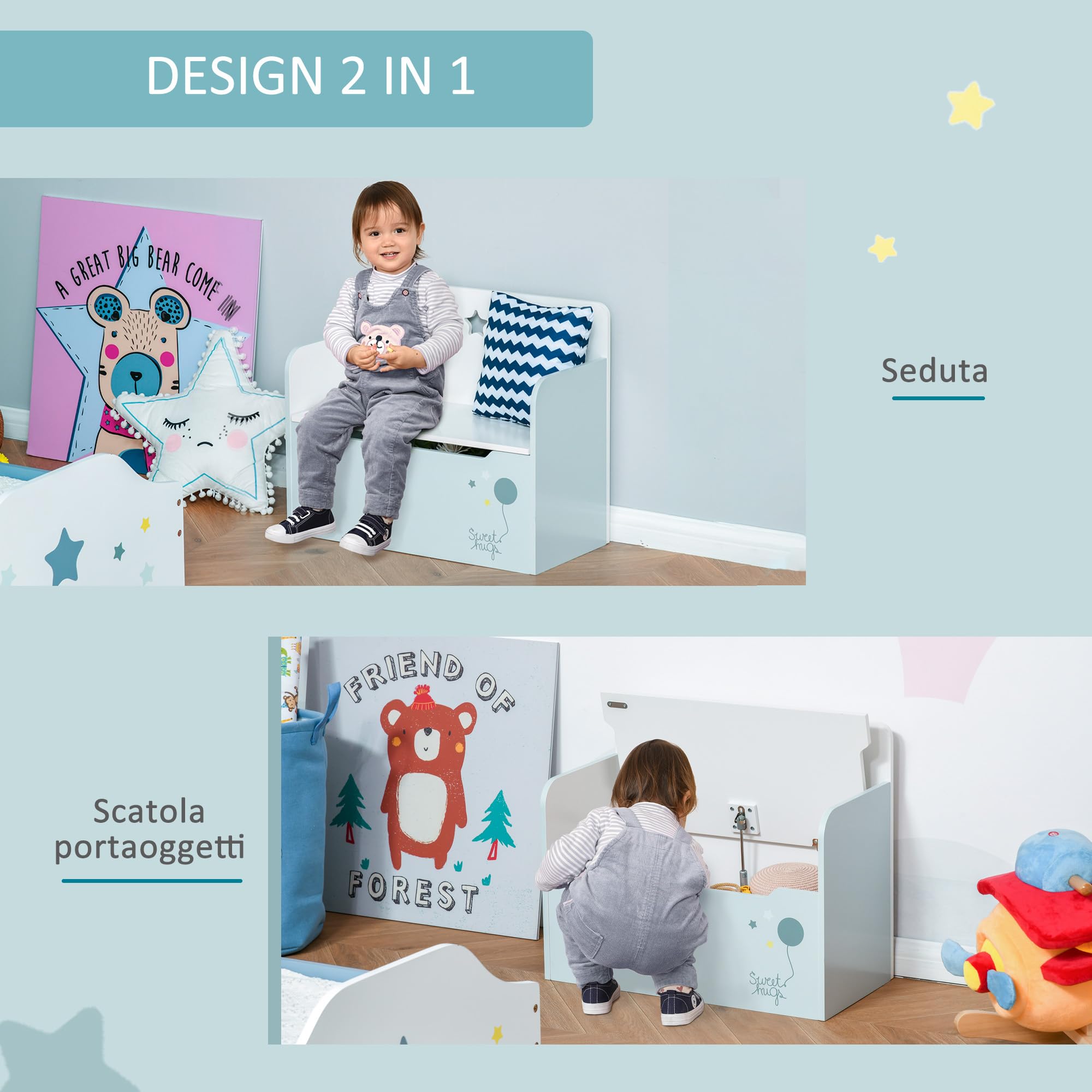 HOMCOM Panca Contenitore Portagiochi 2 in 1 in Legno, Cassapanca con Schienale per Bambini da 3-6 Anni, 60x30x50 cm, Azzurro