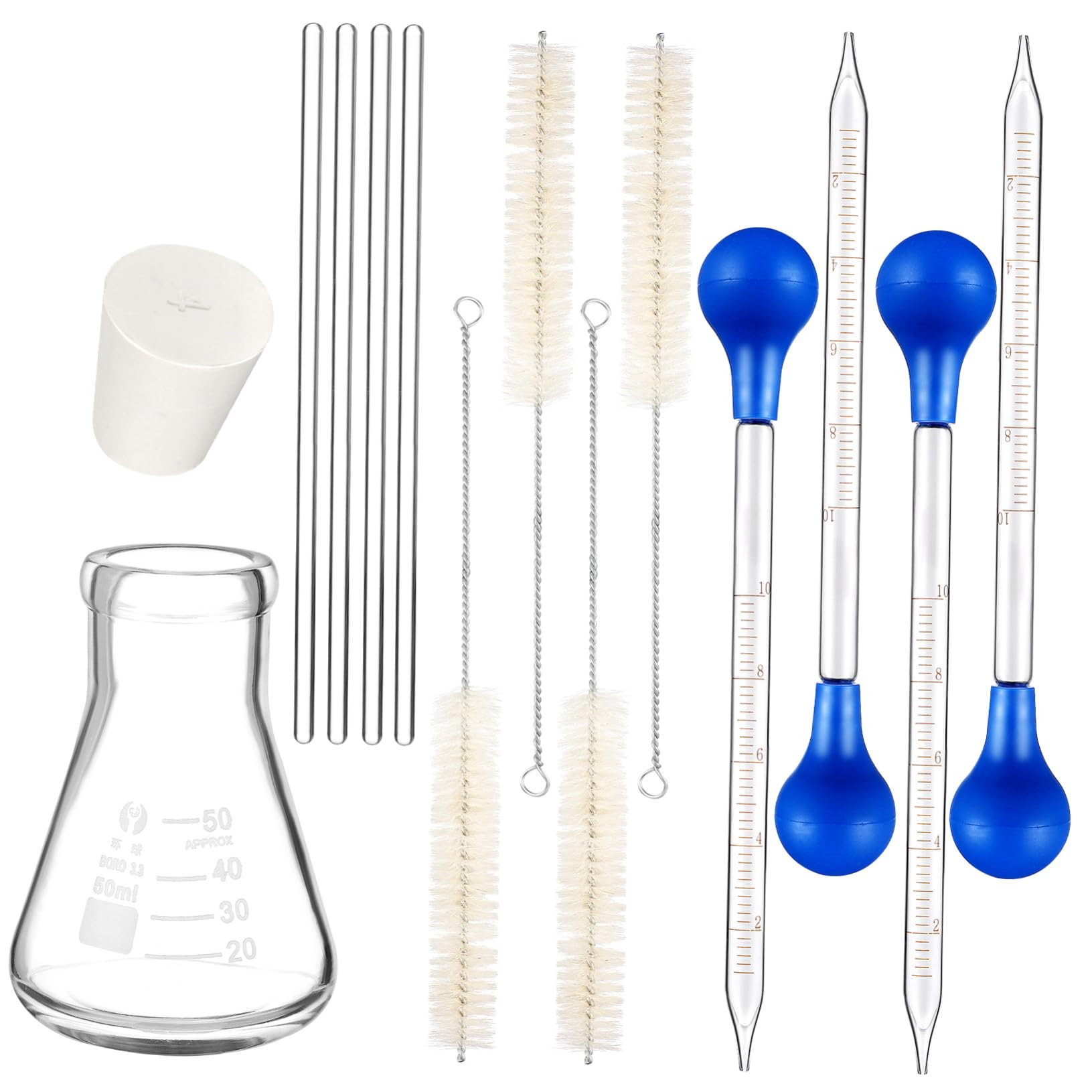 Set Beuta Erlenmeyer in Vetro 50 Ml con Pipette e Asta di Vetro