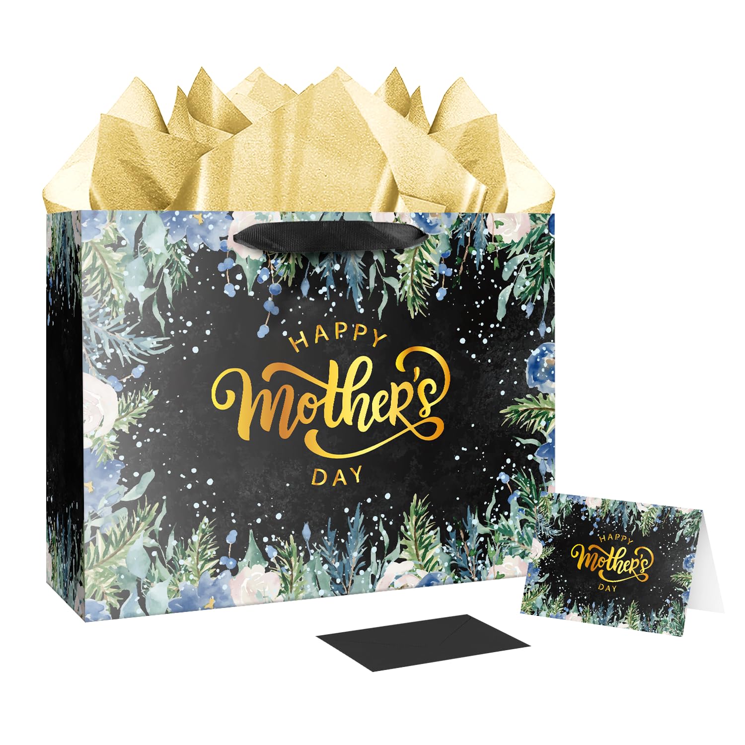 JWSCYSY Sacchetto Regalo Per La Festa Della Mamma, Extra Large, Con Carta Velina E Biglietto D'Auguri - Motivo Floreale Nero Con Scritta Dorata