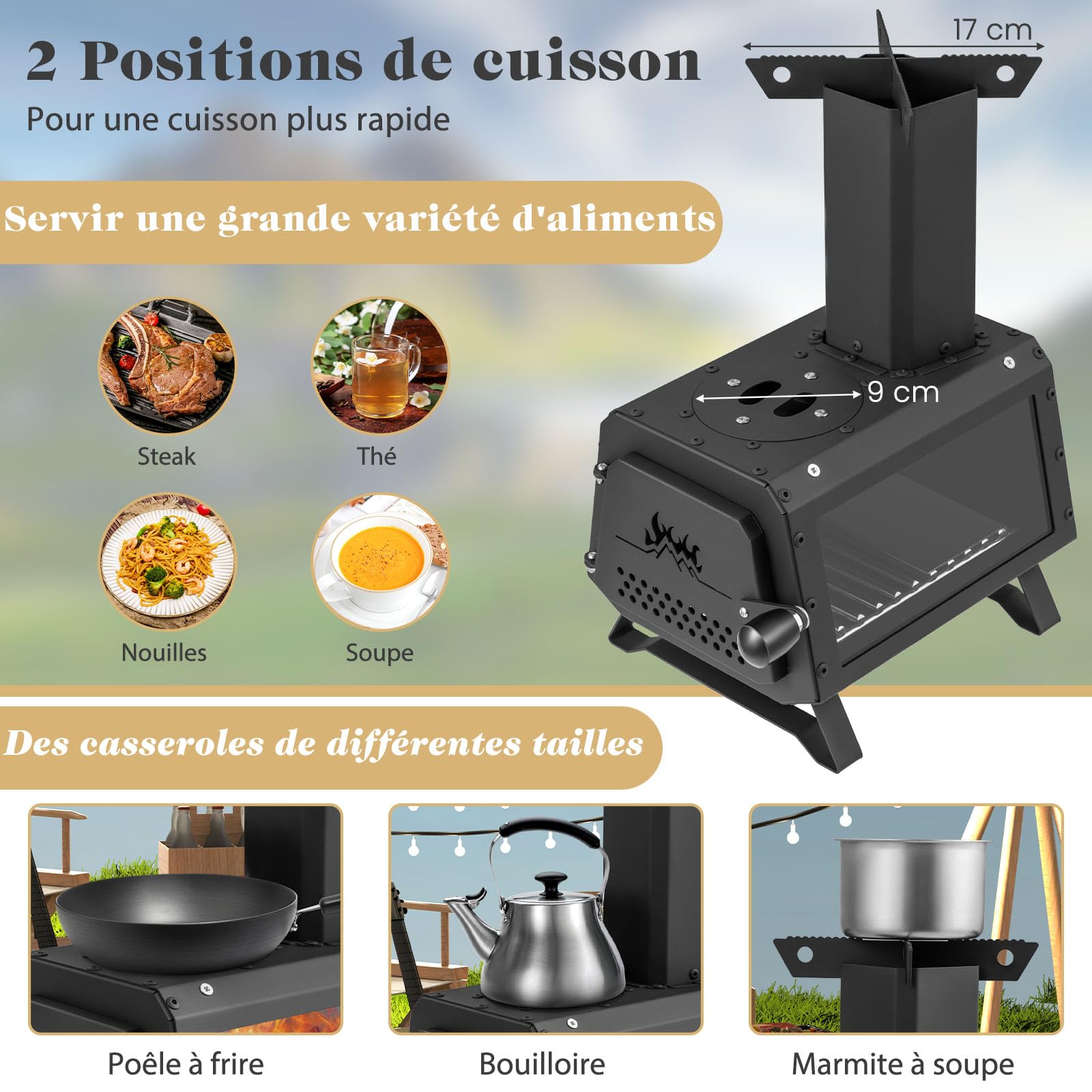 COSTWAY Mini Poêle à Bois Portable en Acier Carbone avec 2 Positions de Cuisson, Réchaud à Bois avec Poignée Anti-brûlure Fenêtre en Verre Résistant pour Cuisine Camping Barbecue