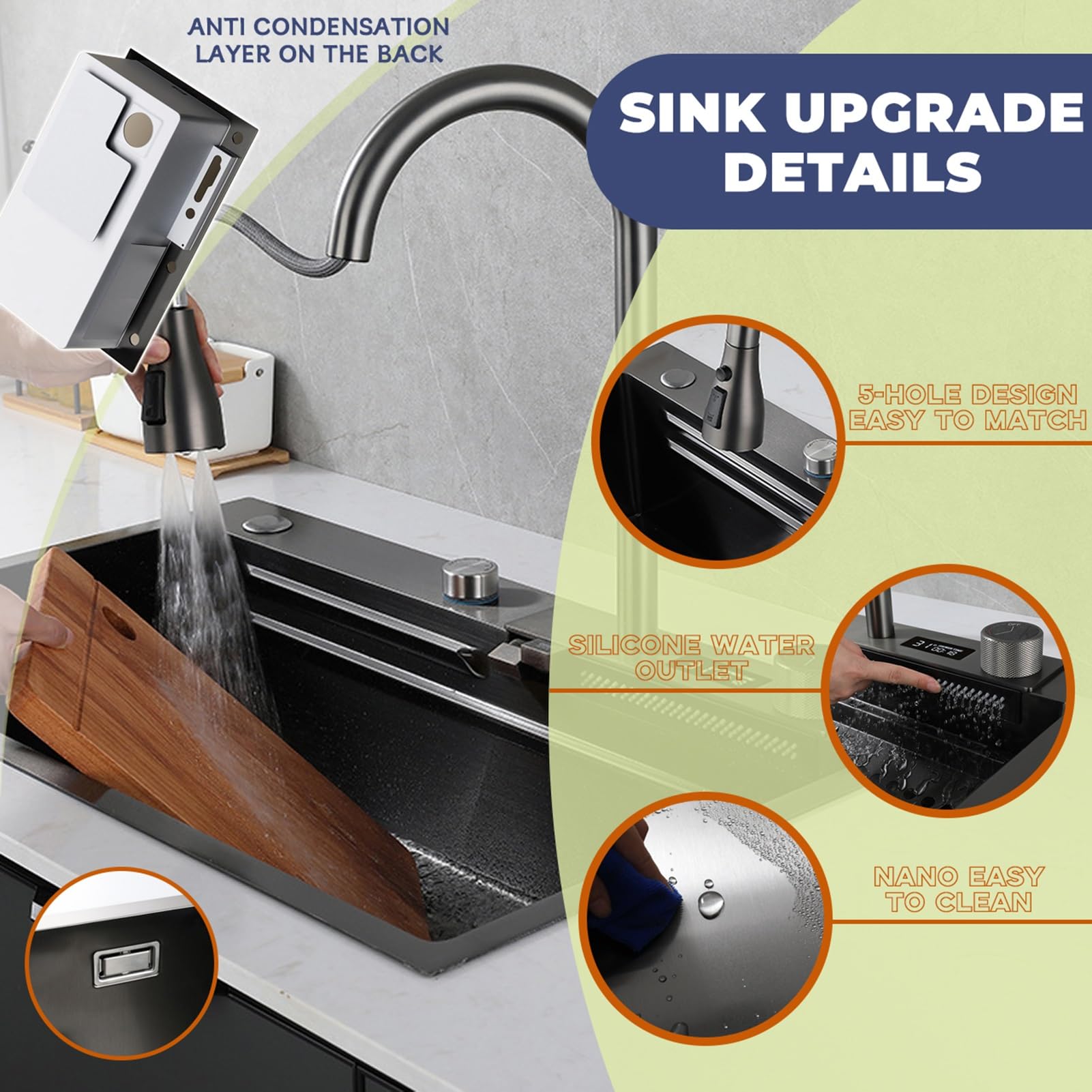 Lavello A Cascata, Lavello Da Cucina In Acciaio Inox Nero, Postazione Di Lavoro A Una Vasca Con Lavabicchieri, Cestello Di Scarico E Rubinetto Estraibile, Lavello Da Montare In Alto, Con Rivestimento