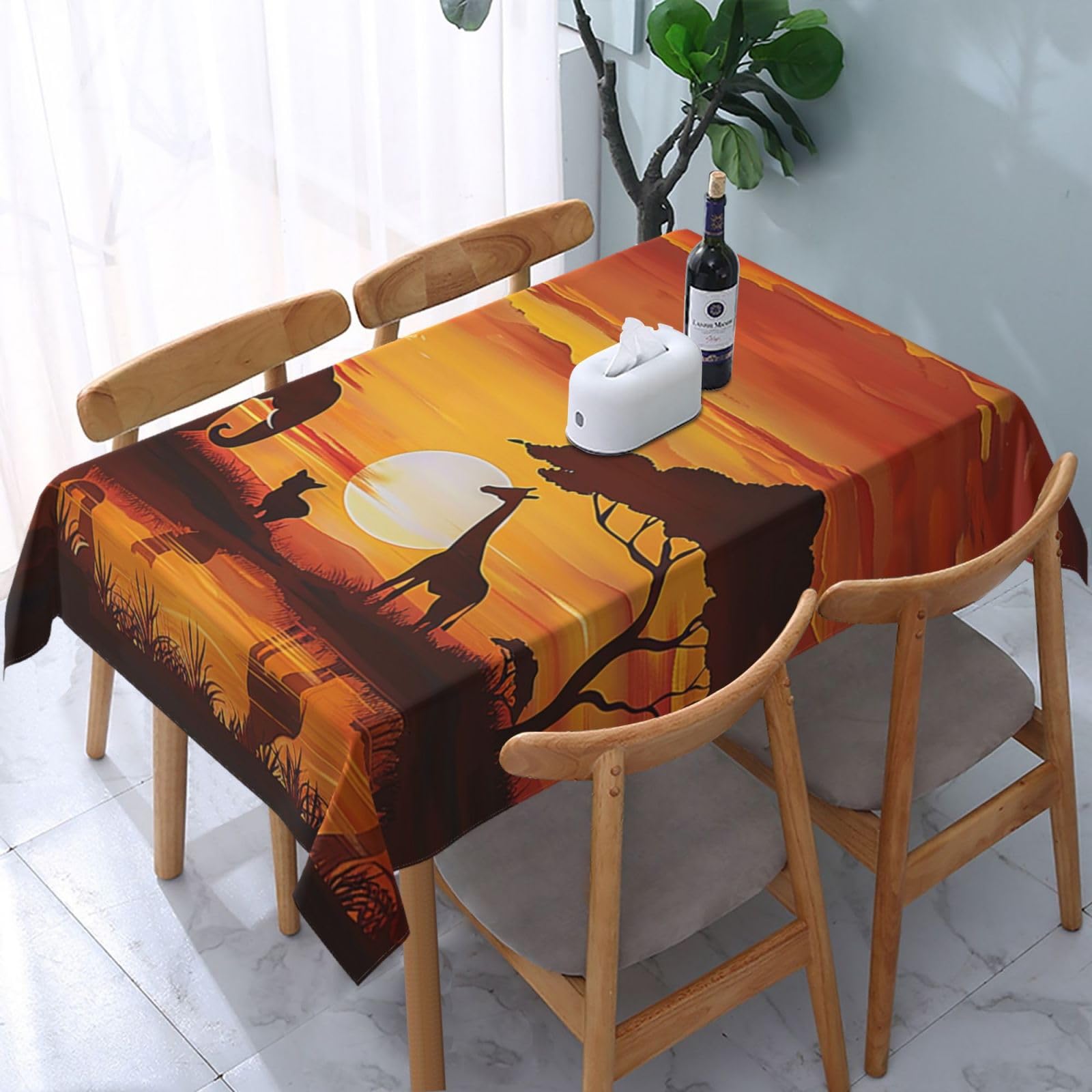 WPKJU Elephant and Giraffe in The Sunset Printed Tablecloth Water Resistant Table Cover Washable Rectangle Table Cloth for Tables 54x72 in