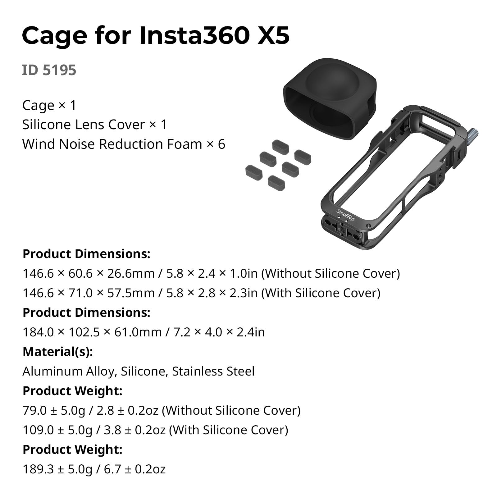 SMALLRIG Cage für Insta360 x5, Robuste Schutzhülle aus Aluminiumlegierung für Insta360 x5 mit Schnellverschluss, Integrierten Cold Shoe-Halterungen, mit Silikon-Objektivschutzkappe – 5195
