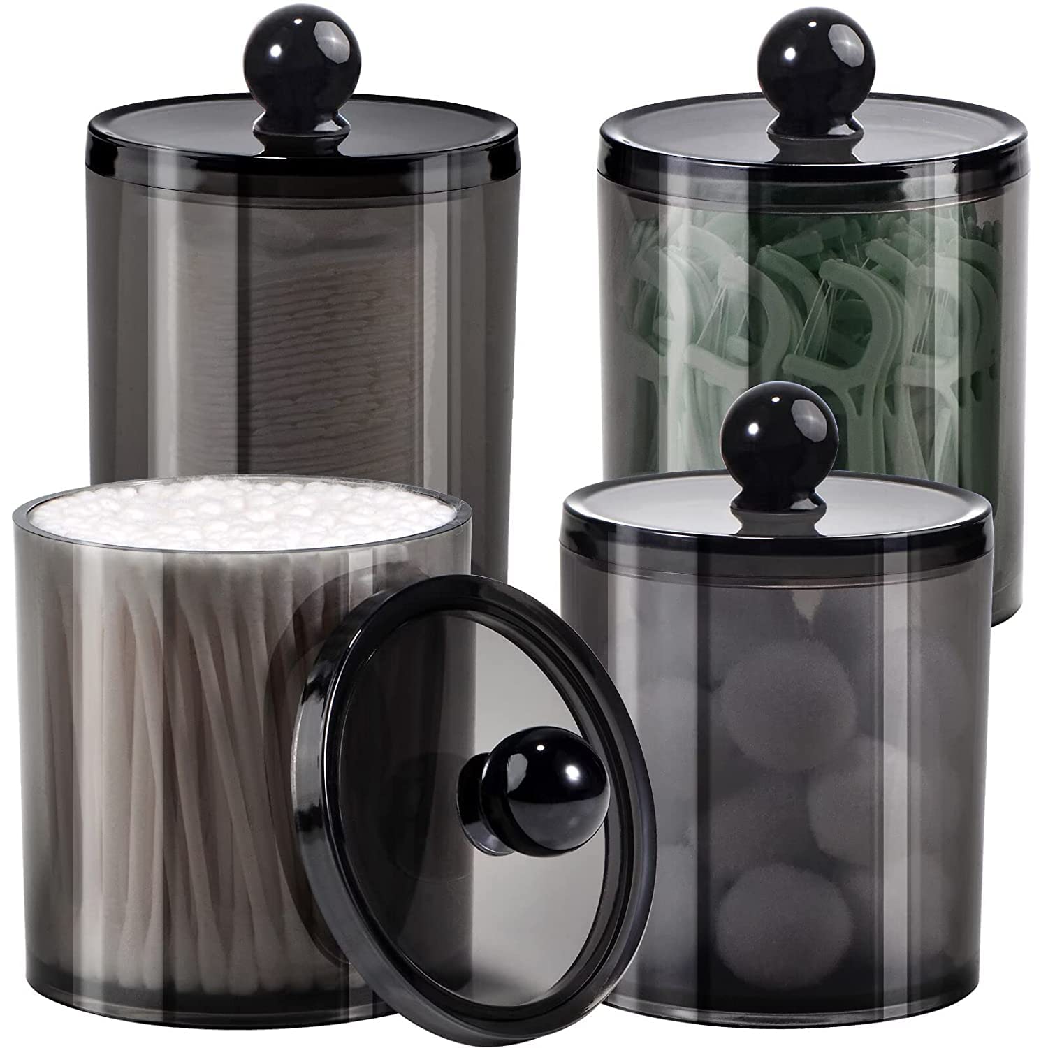Zeinwap Cottonswab Storage Dispenser Set, Light Black Clear Acrylic Apothecary Jar for Bathroom Vanity Organizer, Home Apartment Modern Bathroom Decor, Cotton Ball Box (Pack of 2)