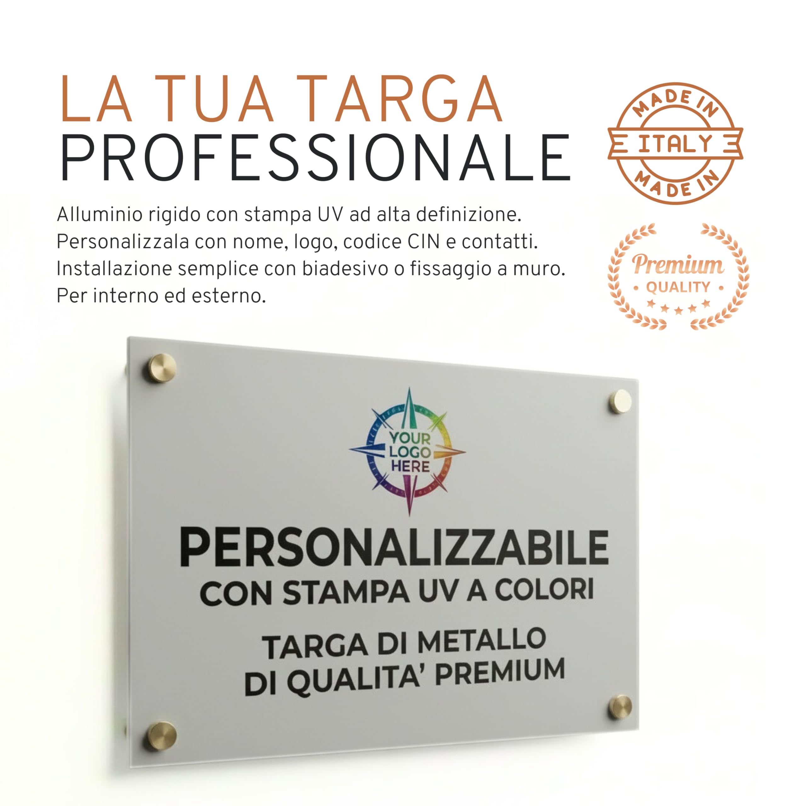 Targa Personalizzata per Case Vacanze, B&B e Studi – in Alluminio con Stampa UV – Biadesivo o Fissaggio a Muro – Resistente per Interno ed Esterno (Argento Satinato, 30x40cm)
