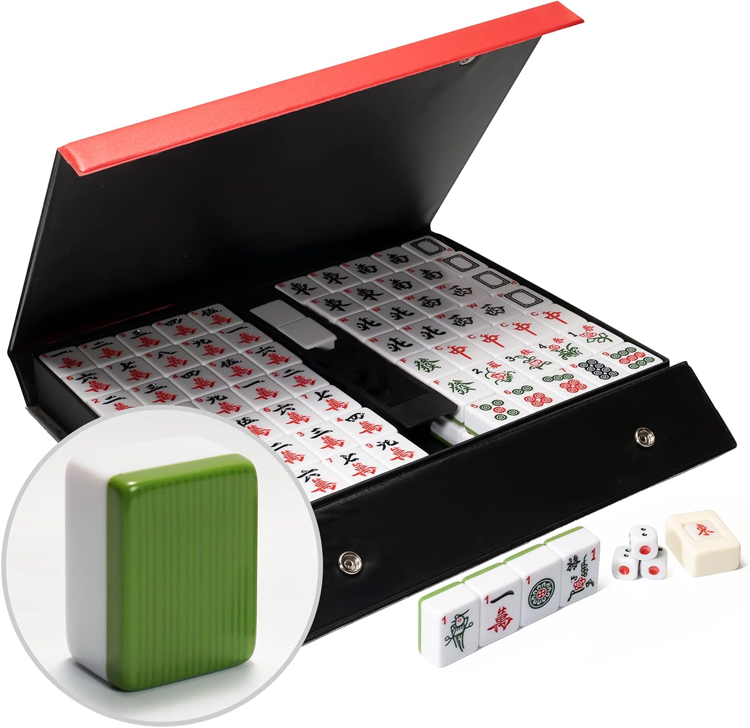 Professional Chinese Mahjong Game Set, 146 Mahjong Tiles Set, 36mm Acrylic Tiles Majiang with Carrying Travel Case for Family Game Play, 中式麻将(1.4 inch, Green)