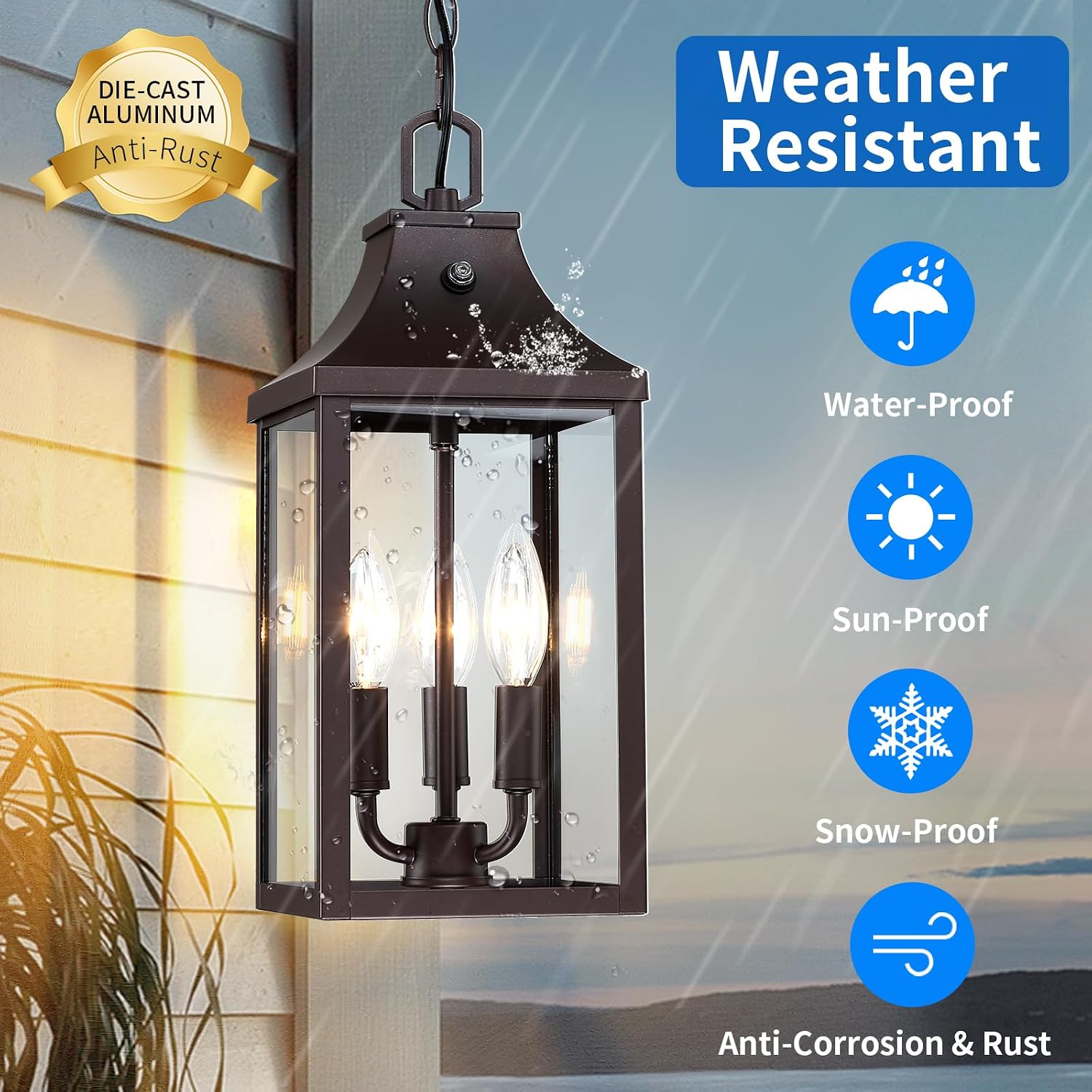 15.5'' Large Outdoor Pendant Light Fixtures 3-Light, Dusk to Dawn Exterior Hanging Lantern Porch Light Adjustable, Brown Hanging Lamp Farmhouse Exterior Chandelier Ceiling Mount for Entrance Patio