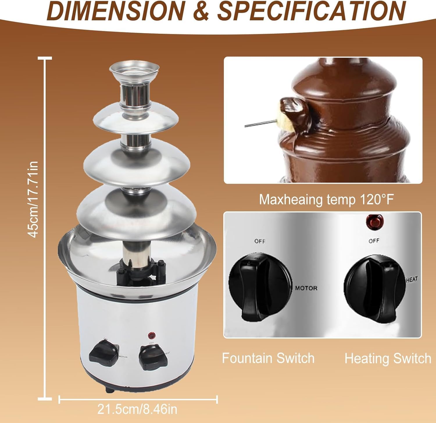 4 Tier Electric Chocolate Fondue Fountain Machine for Parties - 430 Stainless Steel Melts Cheese, Queso, Candy- Dip Strawberries, Apple and More - 60-Ounce/1.8L - 40℃/104℉ Heating Temperature