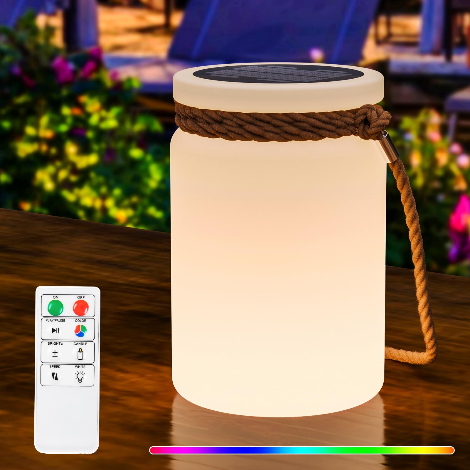 RWWR Lámpara de Mesa Solar LED Recargable 2 en 1 Lámpara de Mesa Inalámbrica Control Remoto 8 Color luz Ajustable ip44 para Balcones Jardines Campamento Terraza