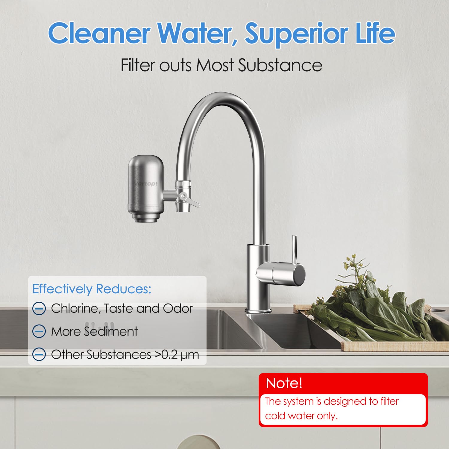 Vortopt Filtro Rubinetto in Acciaio Inossidabile, 400 Galloni Filtro Acqua Rubinetto, Depuratore Acqua Rubinetto, Rimuove Sabbia,Cloro e Cattivo Gusto, T2 (1 Filtro Incluso)