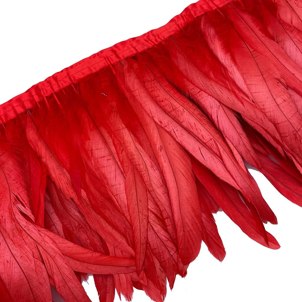 Sowder Rooster Hackle Feather Fringe Trim 8-10inch in Width for DIY Sewing Craft Decoration Pack of 1 Yard (red)