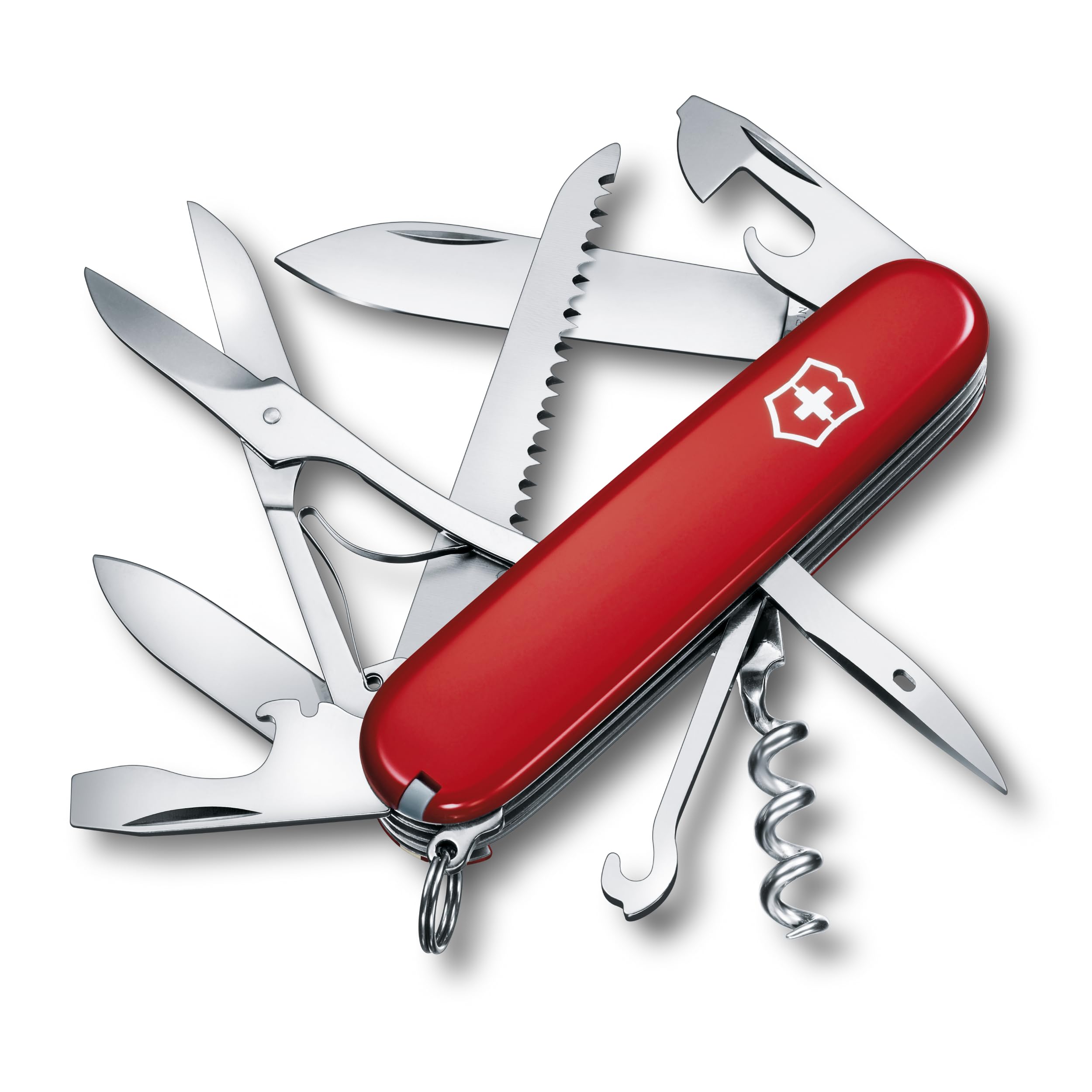 VictorinoxHuntsman Swiss Army Knife, Medium, Multi Tool, Camping Knife, 15 Functions, Large Blade, Bottle Opener, Red