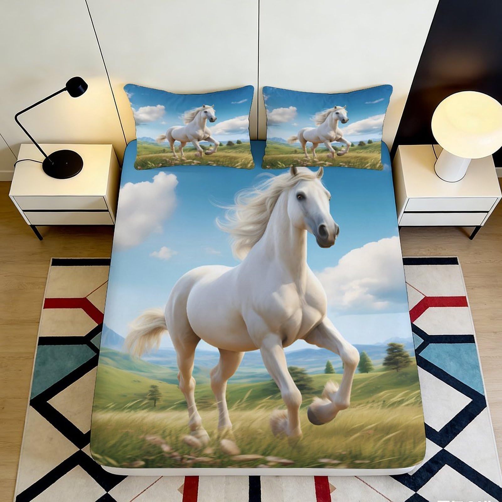 3D Printed White Horse Fitted Sheet Microfiber Soft Breathable Pastoral Meadow Mattress Cover for Bedroom Guest Room Decor 90x200x25cm
