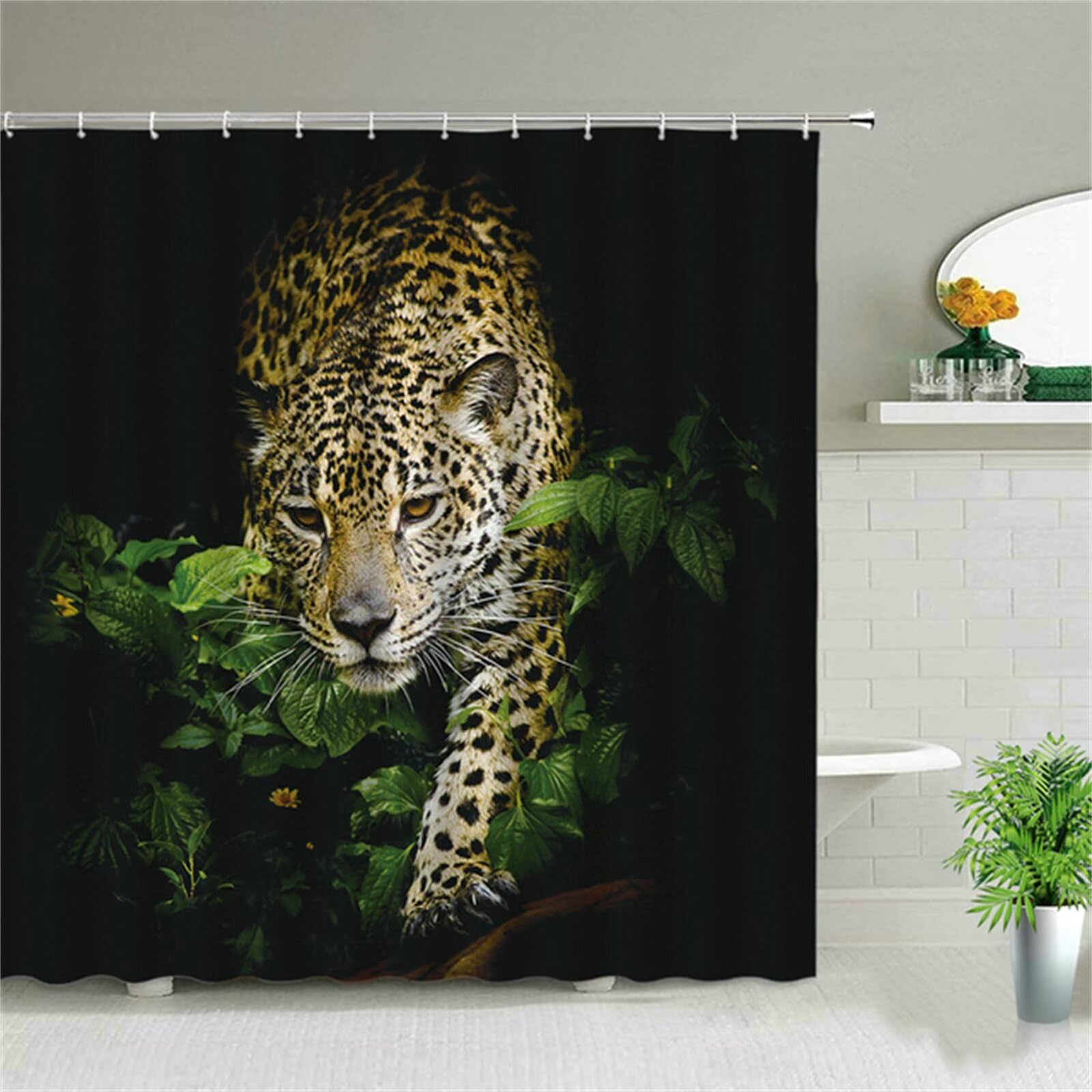 Léopard Rideau Douche W220cm x L200cm Rideaux de Douche Anti Moisissure Tissu Imperméable avec Crochets, Rideaux Lourd Polyester Lavable, 3D Shower Curtain Hôtel Baignoire Salle de Bains Decor M-83