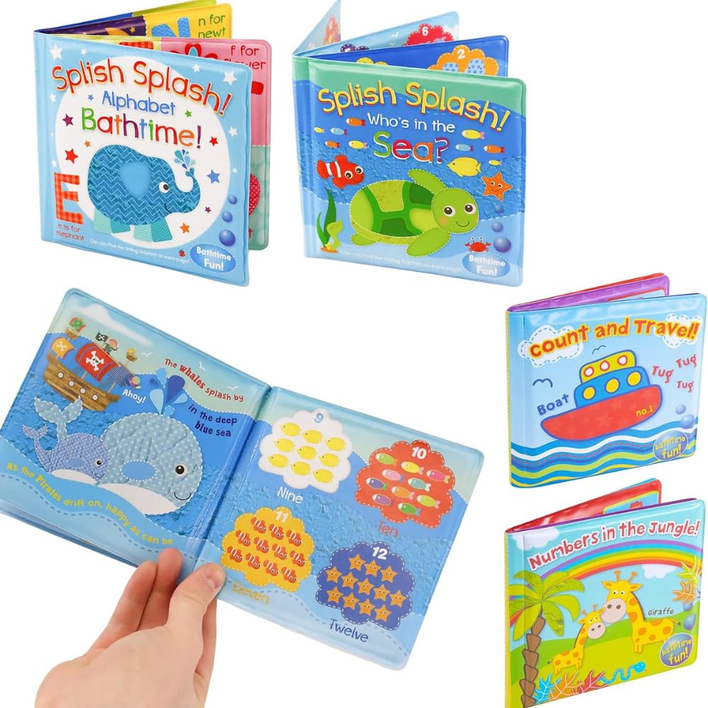eMKay® Set of 4 Baby Bath Books | Alphabet, Numbers, Animals & Vehicles | Waterproof Padded Floating Learning Toys for Toddlers & Babies | First Words, Letters & Counting Fun