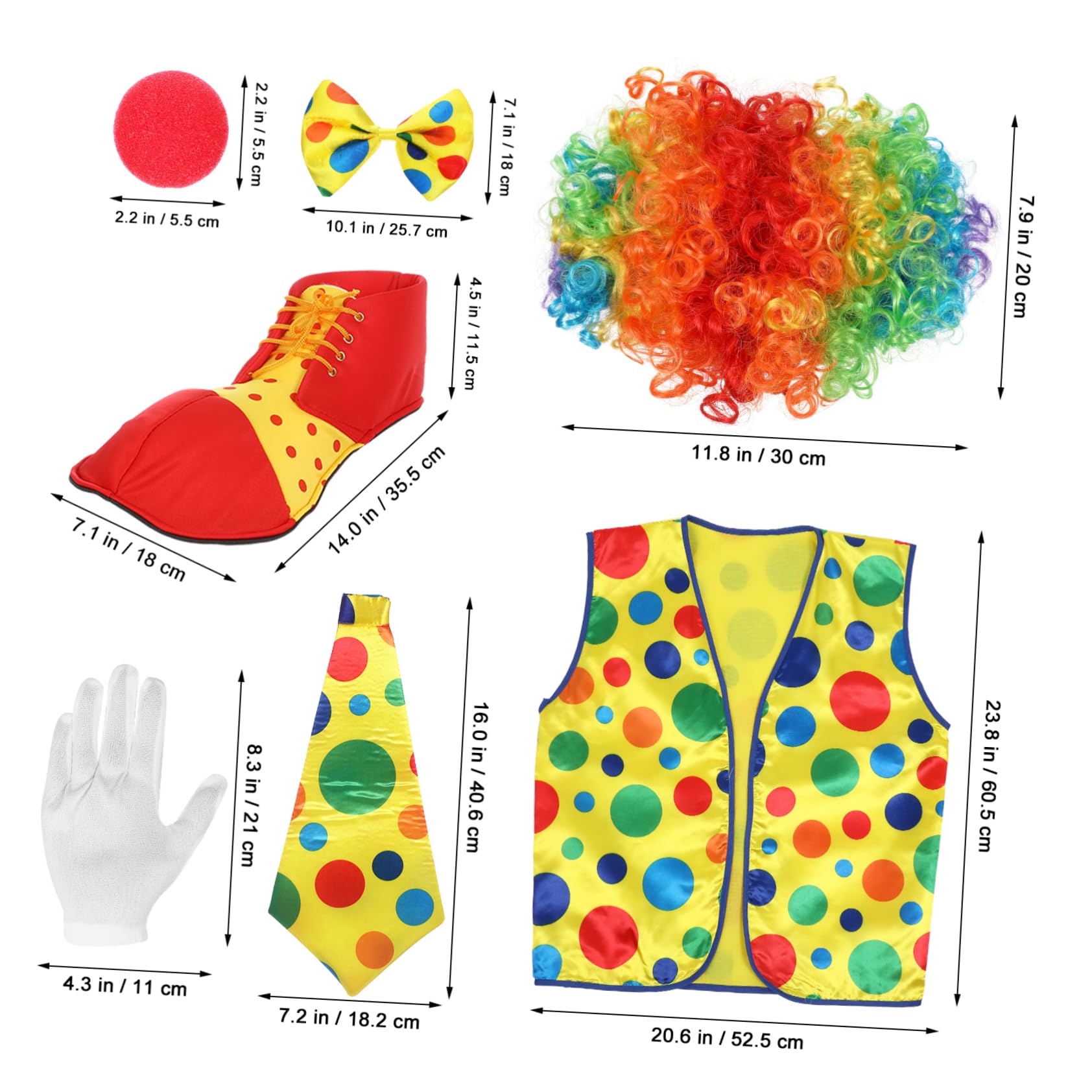 TOVINANNA 1 Set Clown Costume Accessories Includes Vibrant Wig Nose Vest Gloves and Shoes for Carnival Party and Performance Comfortable Fit and Easy Maintenance