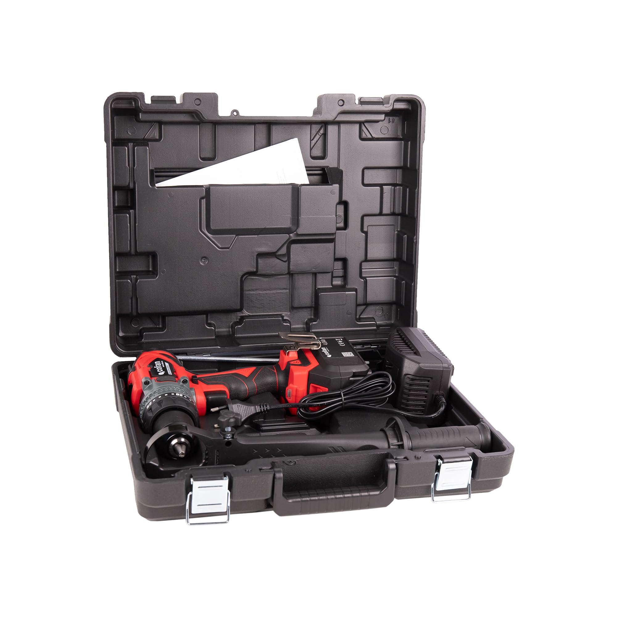 Cofan Taladro percutor a batería | Motor sin escobillas | Potencia: 20 V | Portabrocas 13 mm | 150 Nm, 2000 rpm | 2 velocidades | Percusión 30 000 BPM | Incluye accesorios | Batería y cargador incluid