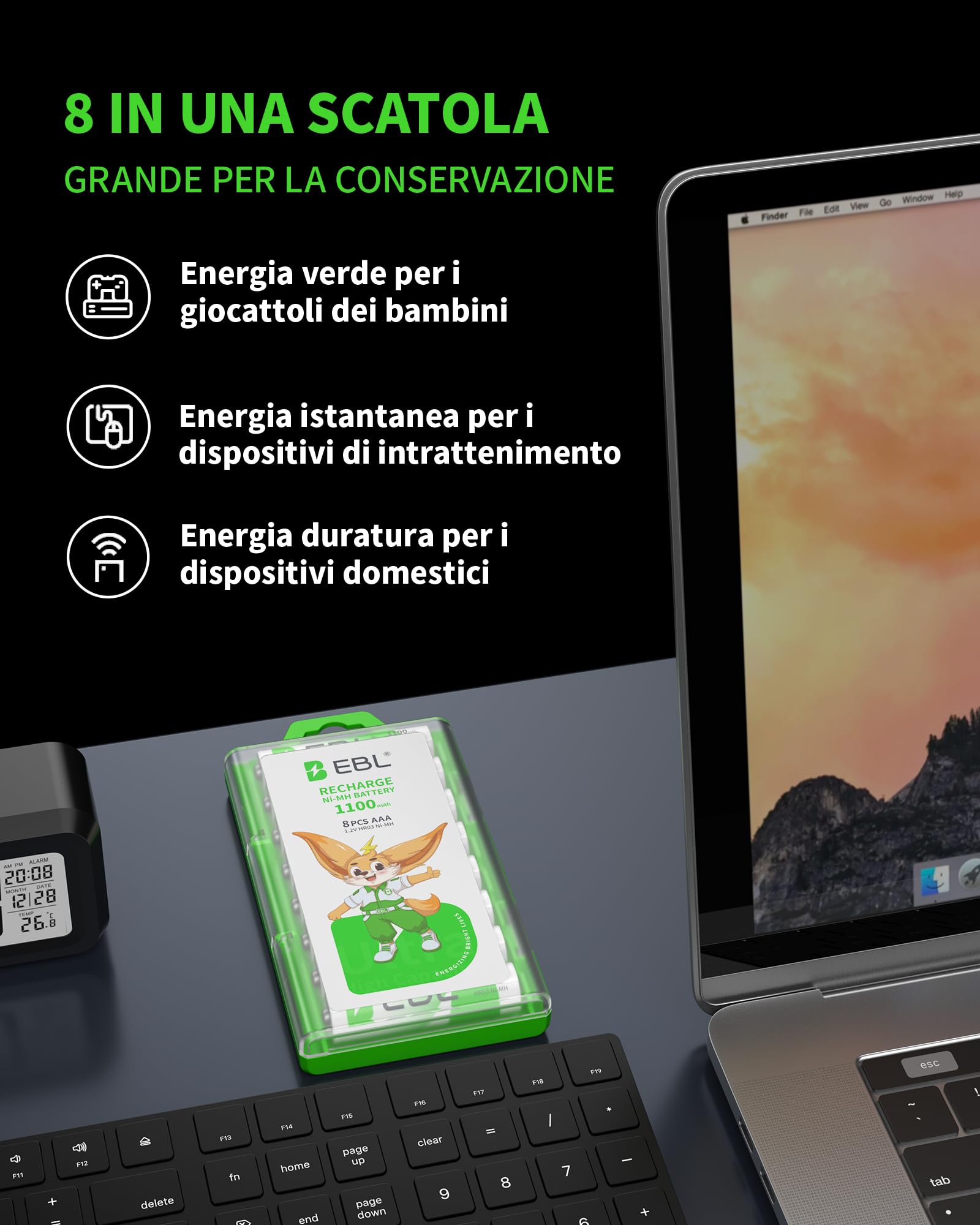 EBL 8 x AAA Batterie Ricaricabili Durature 1.2V, Pile Ricaricabili 1100mAh Ni-MH 1200 Tech