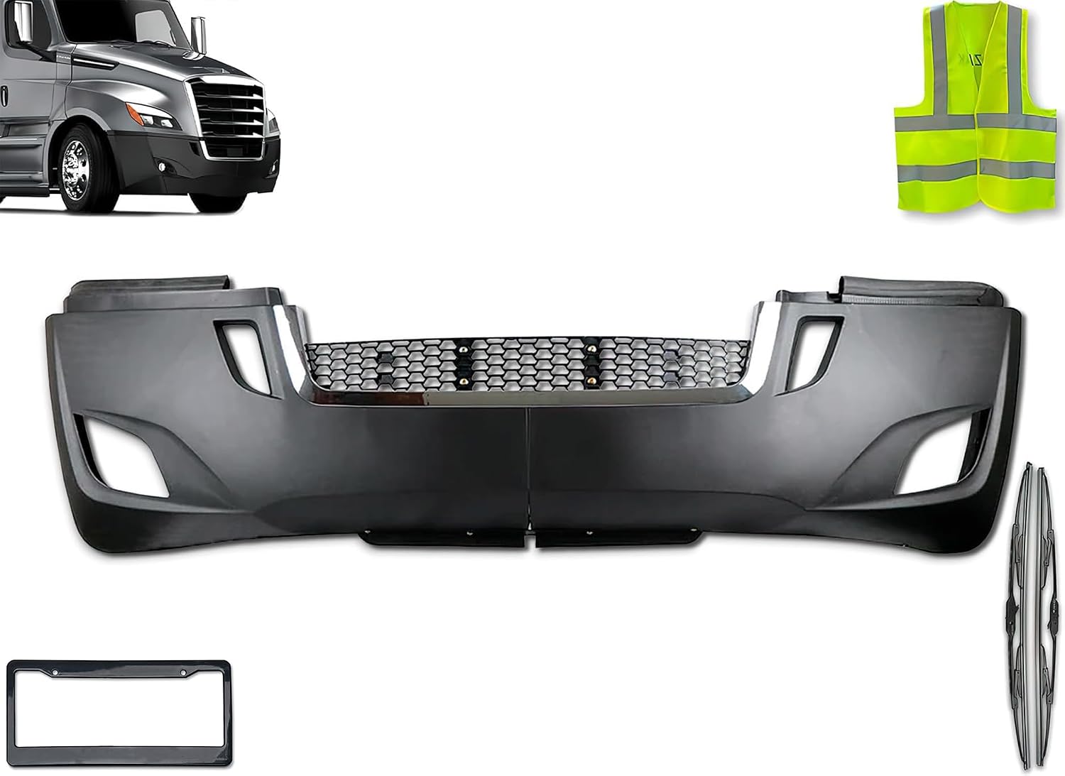 KOZAK Complete Plastic Bumper with Fog Lamp Hole Compatible with Freightliner Cascadia 2018+ Includes Logo, 2x 22" Windshield Wipers, License Plate Frame, and Reflective Vest