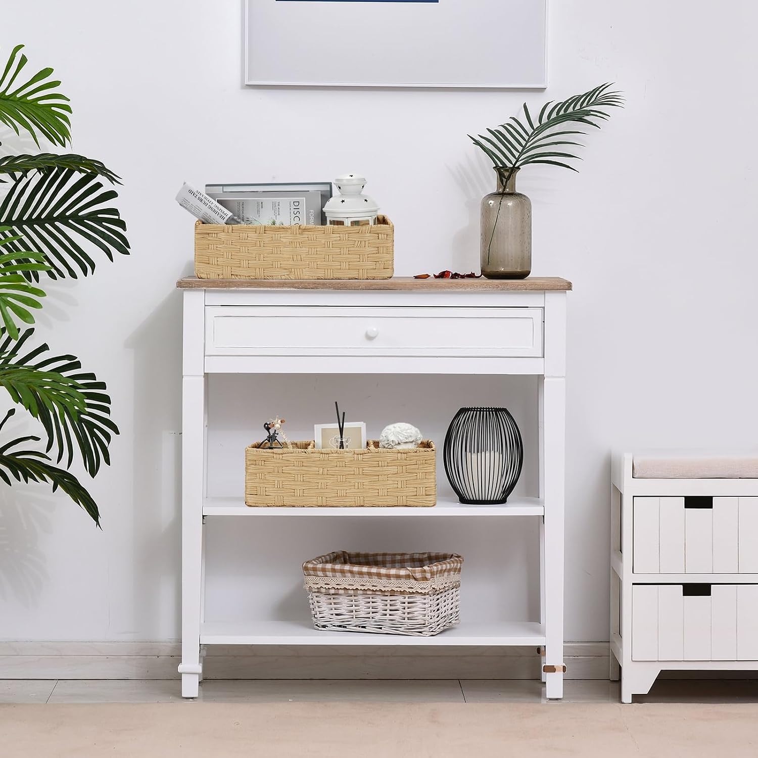 Bidtakay Small Wicker Baskets for Organizing Woven Baskets for Storage 2-Pack Waterproof Imitation Wicker Narrow Storage Bins for Shelves Towels Baskets for Washroom Natural image 4