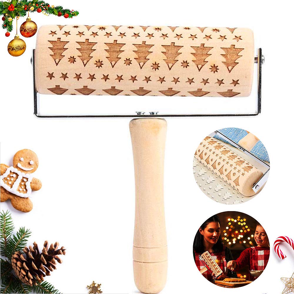 WELLXUNK® Embossed Rolling Pin Wooden, 3D Engraved Rolling Pin, Natural Safe Wood Roller Pin with Classic Pattern for Fondant Dough Cookie Pizza Pastry Baking Pie (B)
