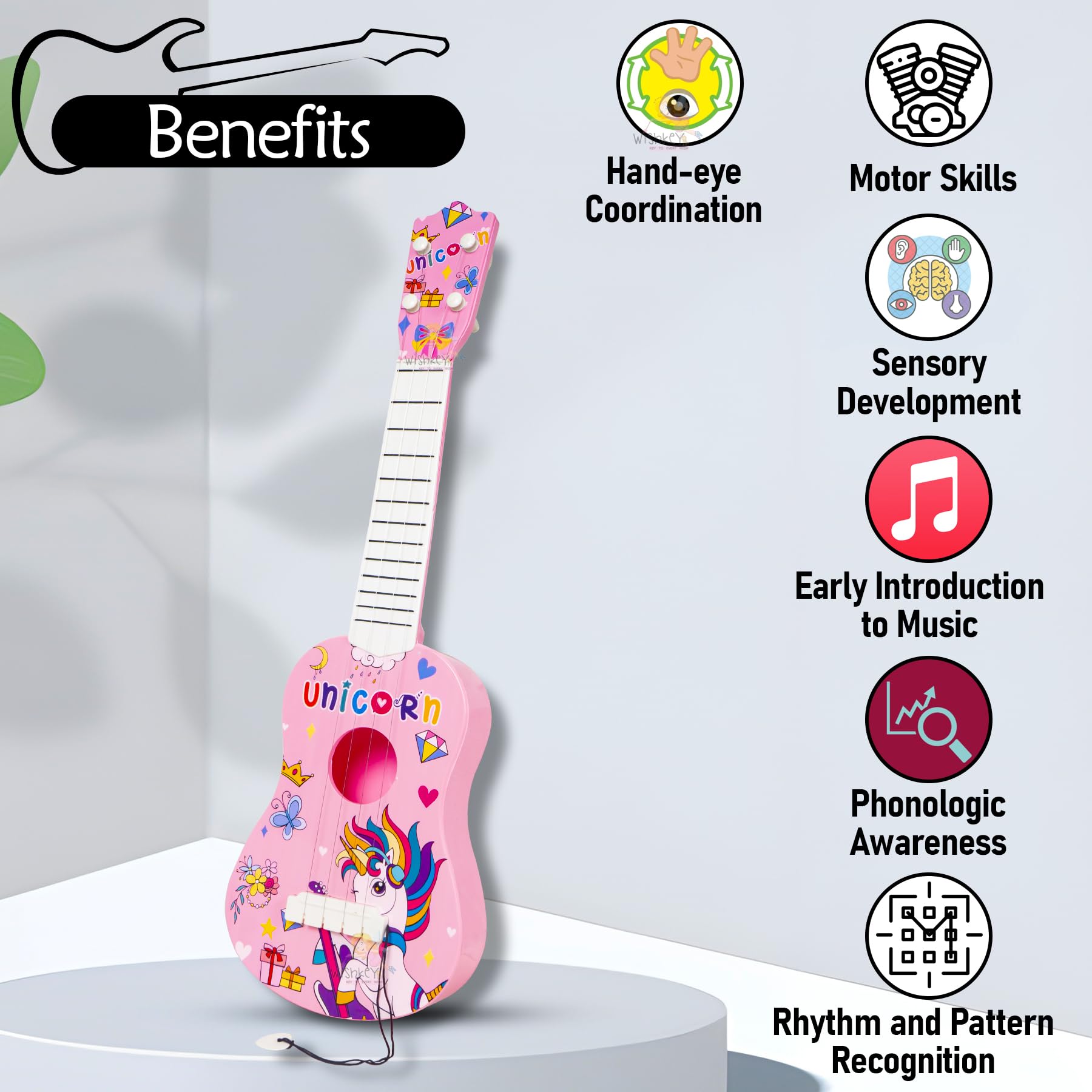 WISHKEY Unicorn Theme Guitar 4 Strings Acoustic Music Toys for Kids, Educational Toy Guitar for Beginners, Musical Instrument, Learning Musical Toy, Sound Toys, Pink, 6+Years, 22" (Pack of 1) - Image 7 thumbnail