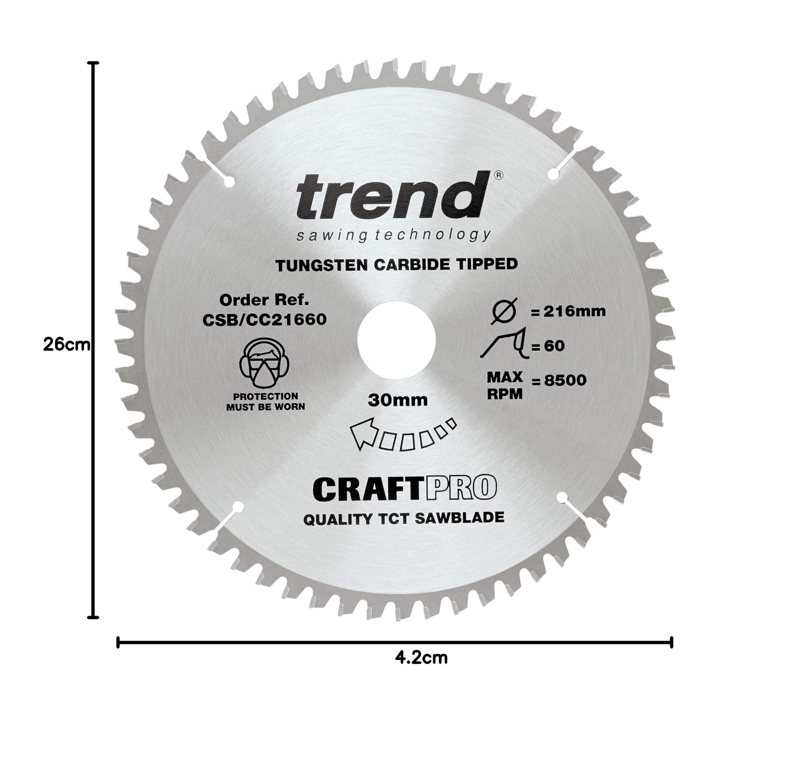 Trend Hoja sierra inglete 260 mm 42 dientes TCT 30 mm acabado medio | Corte transversal limpio en madera: 42 dientes TCT, gancho -5°, corte 2,6 mm y acabado medio, CSB/CC26042